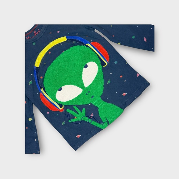Mini Boden Green Alien Headphone Applique Space Pattern Long Sleeve Shirt - Picture 2 of 5